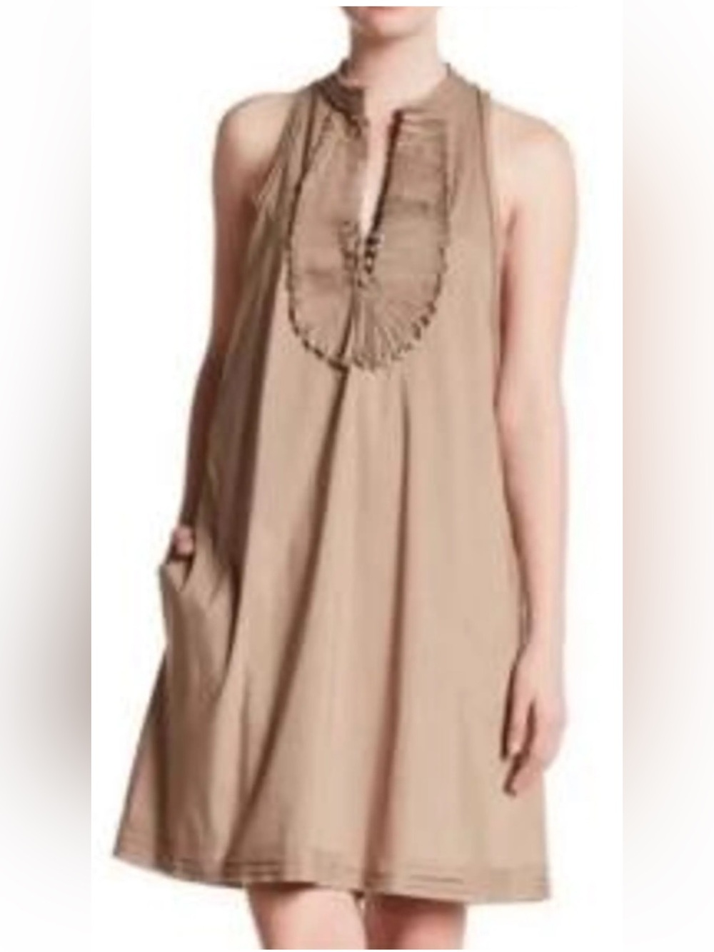 BCBGMaxAzria Taupe Sleeveless Ruffle-Front Dress Sz L